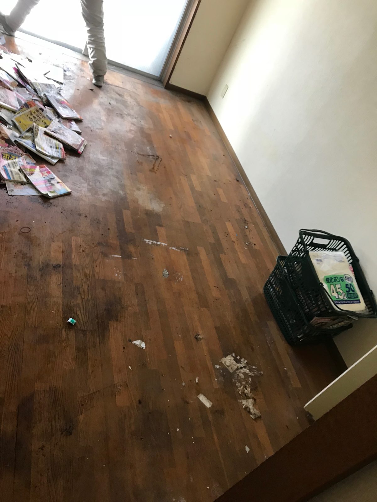 厚木市内で物があふれた部屋の片付け作業後。床のフローリングが見えるところまで片付いた